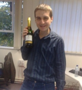 This was me in 2008, a few months after the break up, in my new job. I'd just been given a bottle of moderately priced, non-domestic champagne as a thank you for some recent work I'd done.